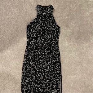 Cache Beaded Sleeveless Halter Gown Black Silver